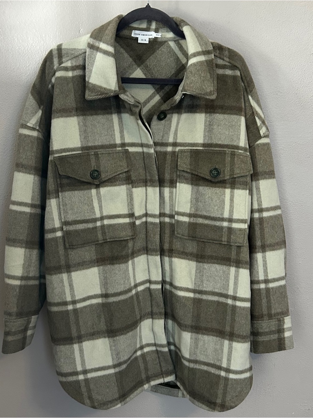 Good American Plaid Teddy Shacket in Cream and Brown